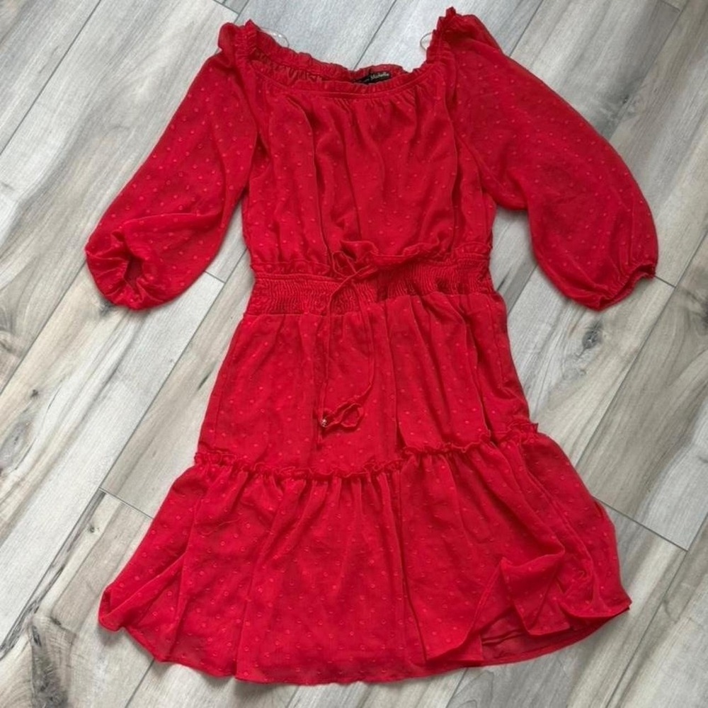 Red on red polka dot style mini dress with ruffles and long sleeves, size L